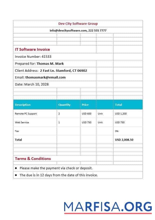 Printable IT Software Invoice Template